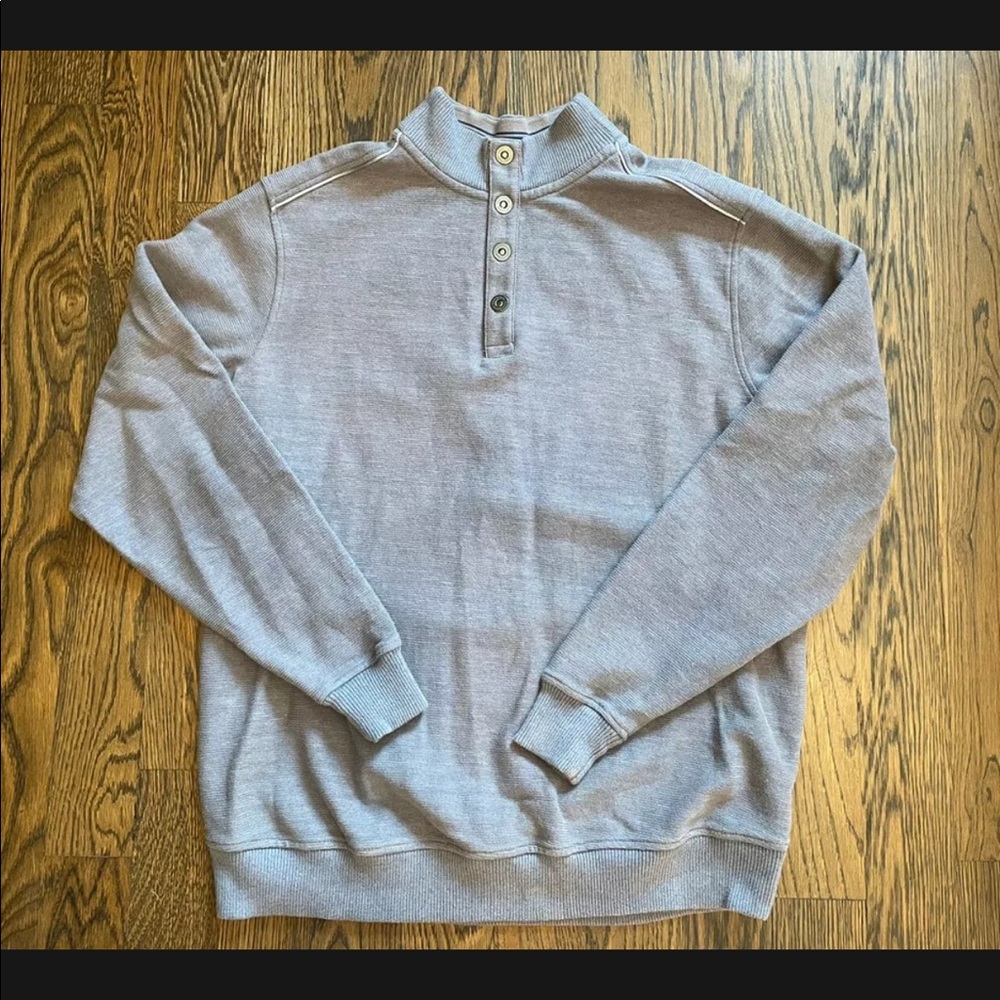 Tommy Bahama Sweater Mens Large Gray Quarter Button Pullover Cotton Beach Golf